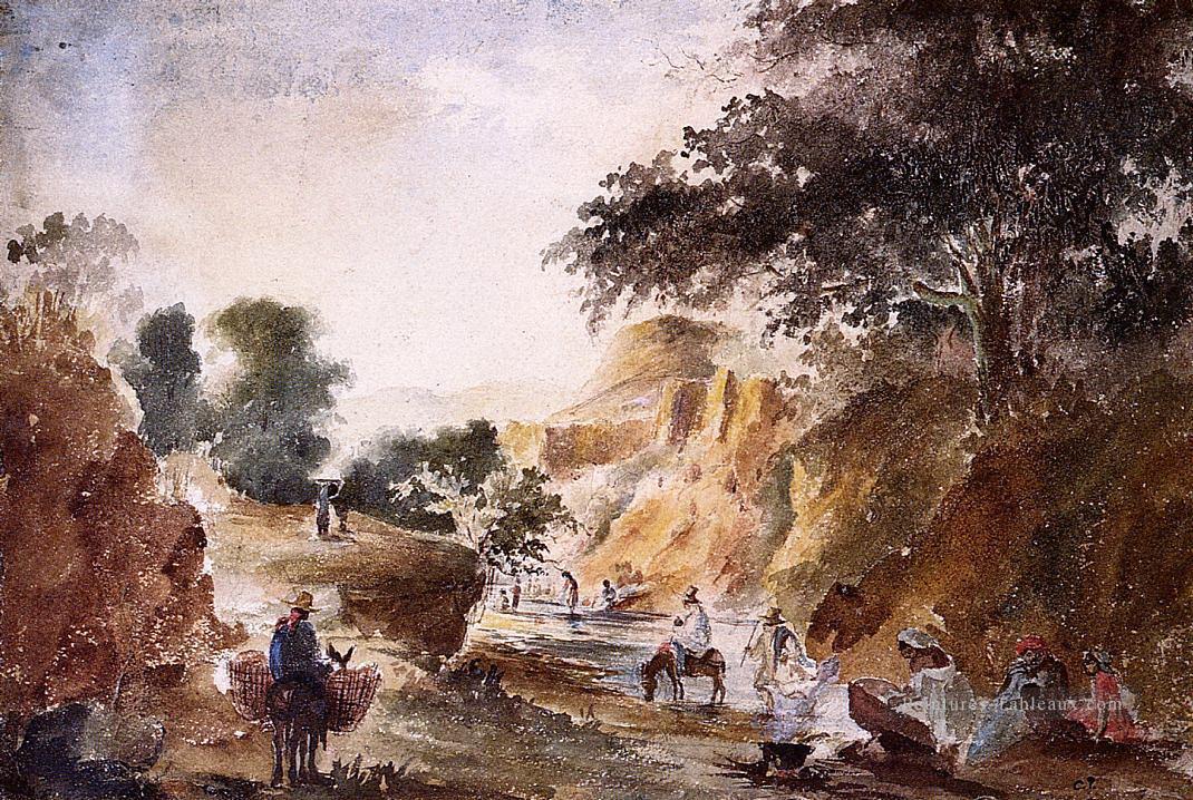 paysage avec des figures d’une rivière Camille Pissarro Peintures à l'huile